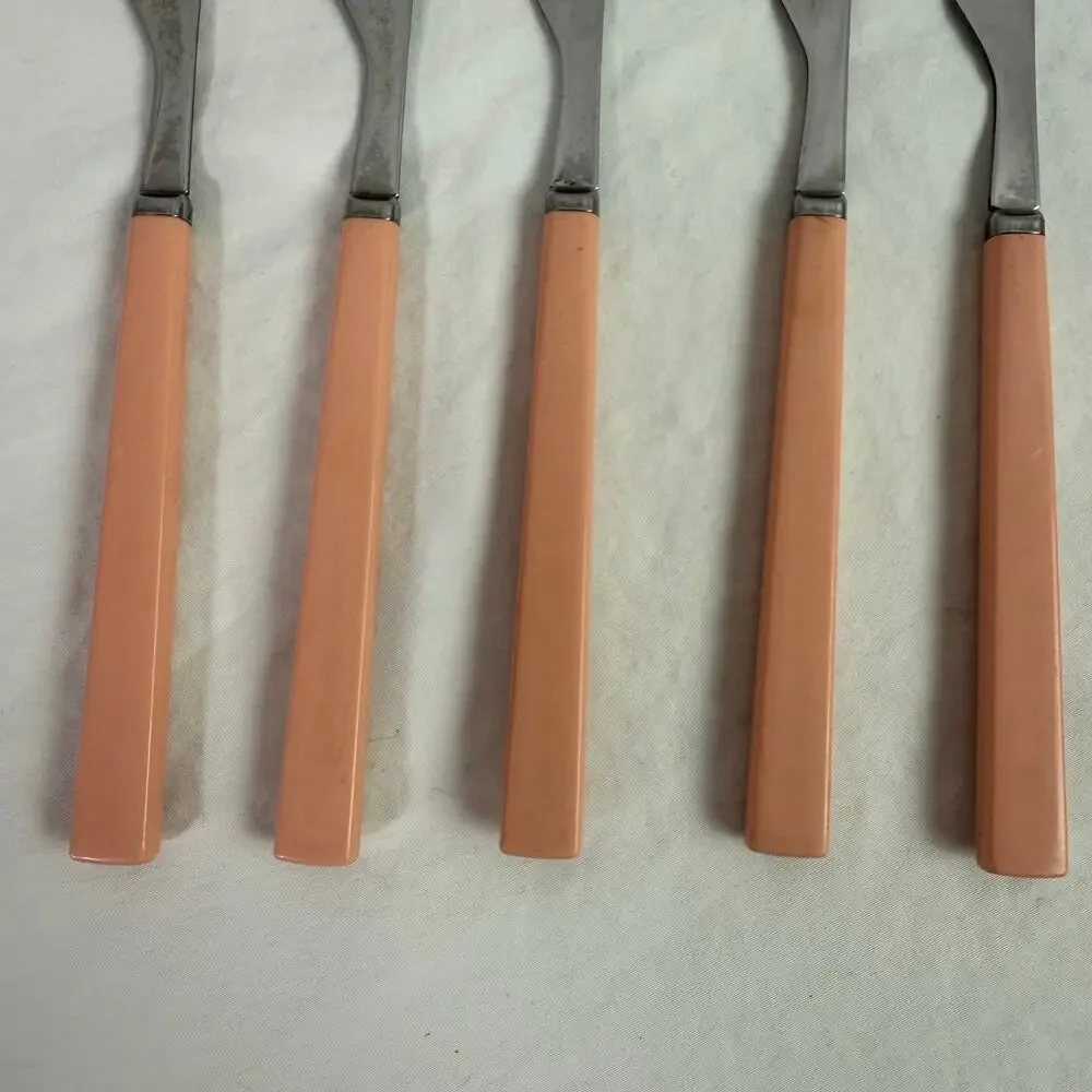 VTG Set of 8 Stainless Flatware Pink Plastic Handle Japan Knives Tea Spoon Forks